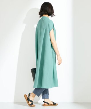 ANY 【洗える】バンドカラーとろみ ワンピース ターコイズ