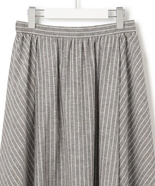 23区 【洗える】リネンコットンストライプ ギャザー スカート ダークブラウンストライプ