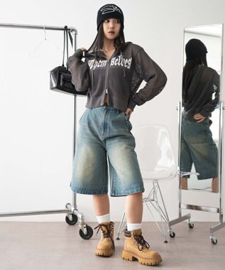 WEGO ロゴスタッズハーフパンツ デニム中濃加工色