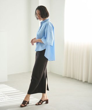 #Newans 【洗濯機可能/シワになりにくい】〈お尻・太ももをカバー〉フレアスリーブイタリアンカラーシャツ ブルー