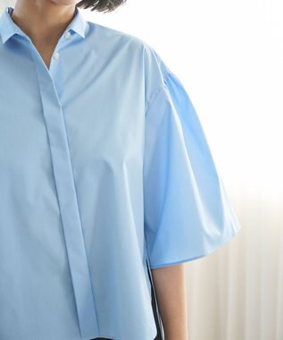 #Newans 【洗濯機可能/シワになりにくい】〈お尻・太ももをカバー〉フレアスリーブイタリアンカラーシャツ ブルー