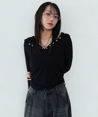 WEGO ヘンリーネックフードロンT ブラック