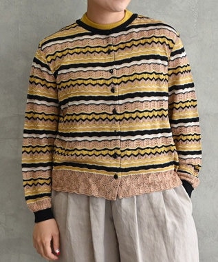 muuc 〈高品質シルク100%〉〈通年着られる〉袖リブあり シェルボタン使用 透かしレース編み シルクマルチボーダーカーディガン ブロンズブラック