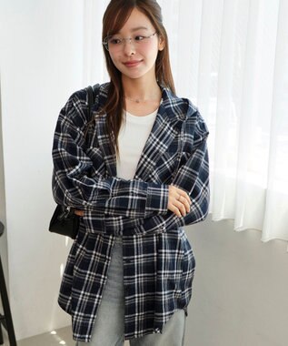 WEGO 【25年秋冬新作】チェックフードBIGネルシャツ ネイビー