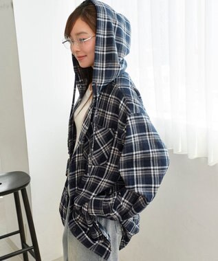 WEGO 【25年秋冬新作】チェックフードBIGネルシャツ ネイビー