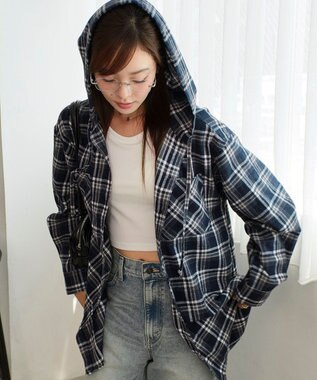 WEGO 【25年秋冬新作】チェックフードBIGネルシャツ ネイビー