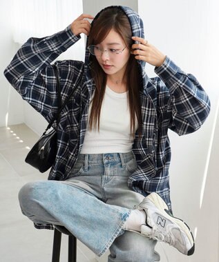 WEGO 【25年秋冬新作】チェックフードBIGネルシャツ ネイビー