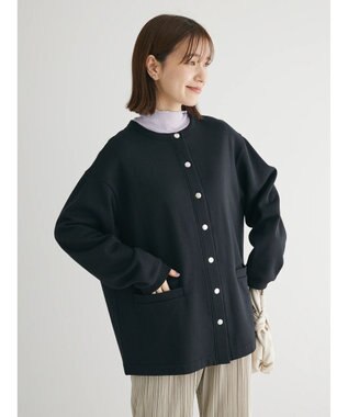 Green Parks 裏起毛ミディ丈ドットボタンカーディガン Black