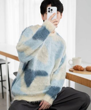 WEGO 【ユニセックス着用ITEM】マーブルシャギーニットプルオーバー サックス