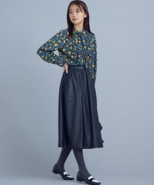 組曲 レザーライクライト タックギャザースカート ブラック系