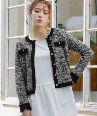 Tiaclasse 【洗える】ツイードニットカーディガン グレー