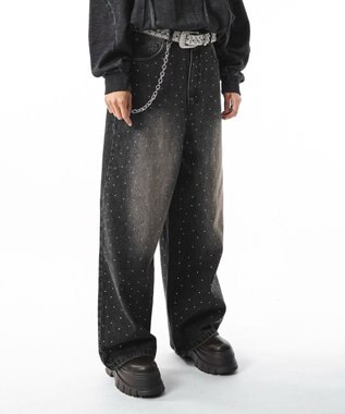 WEGO 【ユニセックス着用ITEM】スーパーバギーラインストーンデニムパンツ デニムブラックソノタ
