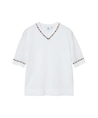 DAKS コットン混ストレッチ ロゴメッシュスリーブ Vネックプルオーバー オフホワイト