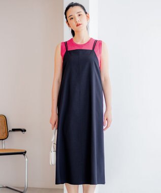 組曲 【洗える・シワになりにくい】リネン混オックスストレッチ キャミワンピース ブラック系