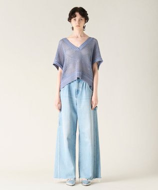 GRACE CONTINENTAL メッシュVネックニットトップ ブルー