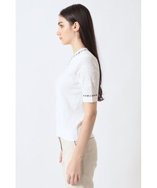 DAKS コットン混ストレッチ ロゴメッシュスリーブ Vネックプルオーバー オフホワイト