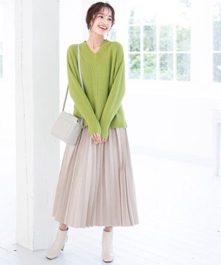 Tiaclasse L 【洗える】Vネック起毛ニットトップス グリーン