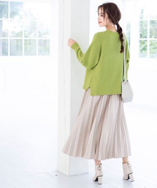 Tiaclasse L 【洗える】Vネック起毛ニットトップス グリーン