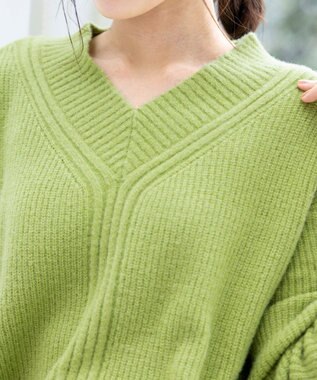 Tiaclasse L 【洗える】Vネック起毛ニットトップス グリーン