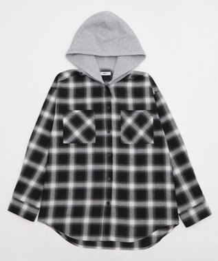 WEGO 裏毛フードチェックシャツ ブラックチェック1