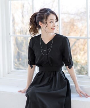 Tiaclasse L 【洗える】麻調リボン袖ブラウス ブラック