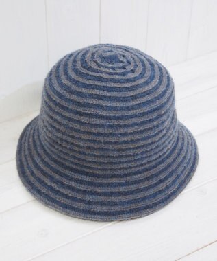 石田製帽 モヘヤ混ボーダー　バケット グレーミックスxネイビー