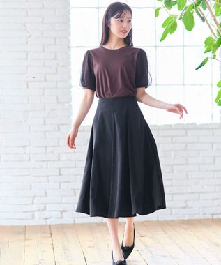 Feroux 【汗ジミが目立たない・洗える】チュール袖パフスリーブ Tシャツ ダークブラウン系