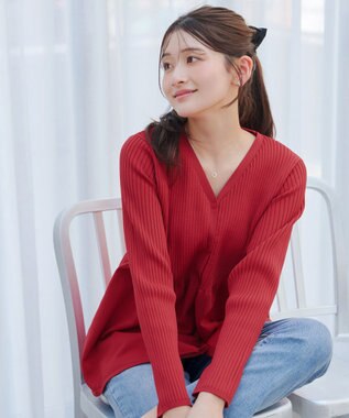 Tiaclasse L 【洗える】リブ切替フレアカーディガン レッド