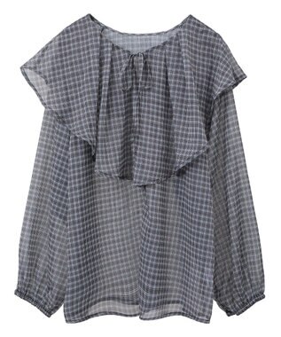 Green Parks チェックシアーフリルブラウス Black