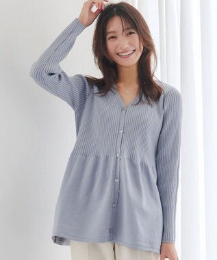 Tiaclasse L 【洗える】リブ切替フレアカーディガン サックスグレー