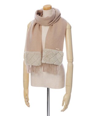 MOONBAT 【WEB限定】フルラ (FURLA)エコファー付きマフラー 無地×キルト風 ウールマフラー ロゴプレート付き ベージュ