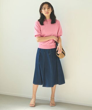 Feroux 【洗える】プリーツデニム スカート ネイビー系