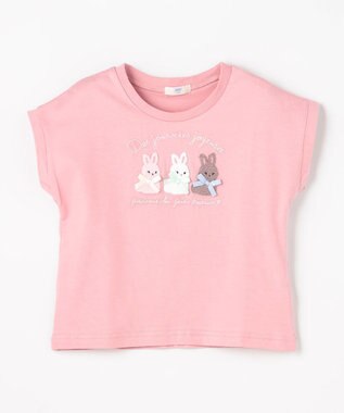 ANY KIDS 【綿100%】ひんやり フレンチスリーブ サガラ刺繡Tシャツ ピンク×ウサギ