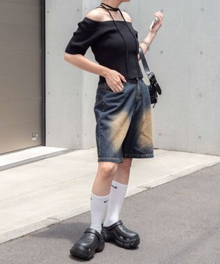 WEGO チョーカーリボン付きオフショルニット ブラック