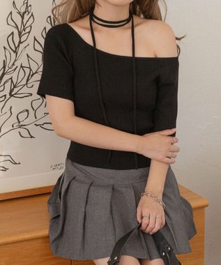 WEGO チョーカーリボン付きオフショルニット ブラック