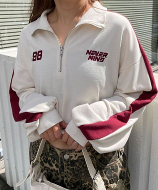 WEGO 刺繍ハーフジップショートスウェット ホワイトアイボリー