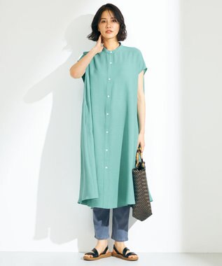 ANY 【洗える】バンドカラーとろみ ワンピース ターコイズ