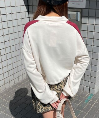 WEGO 刺繍ハーフジップショートスウェット ホワイトアイボリー