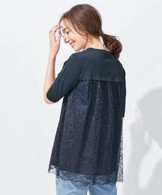 自由区 【洗える】クレープストレッチ バックレース ニット ネイビー系