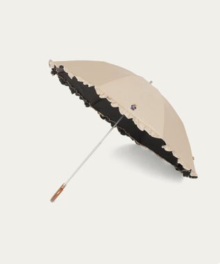 MOONBAT 【WEB限定/遮光率100%/遮熱/UV】POLO RALPH LAUREN（ポロ ラルフローレン）晴雨兼用日傘 ワンポイント ポロベア刺繍 フリル 折りたたみ傘 長折タイプ ベージュ