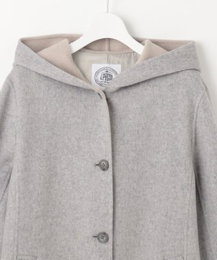 J.PRESS LADIES ウールナイロンリバー フード付き コート ライトグレー×ベージュ系