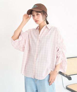 earth music&ecology シャーリングスリーブチェックシャツ Pink