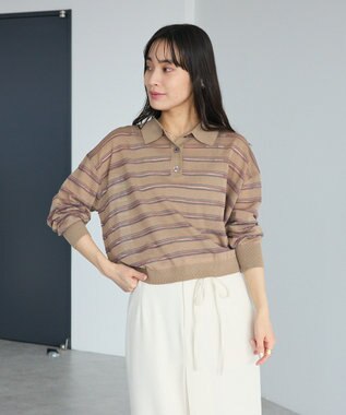 CRAFT STANDARD BOUTIQUE シアーボーダーポロ衿ニットプルオーバー Beige