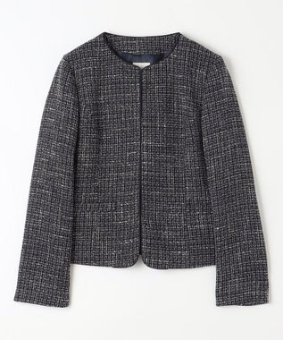 ANY ライトツイード ノーカラージャケット オフ×ネイビー