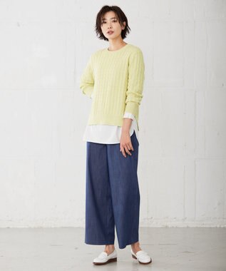 J.PRESS LADIES 【洗える】セルロースシャンブレー セミワイド マリン パンツ ブルー系