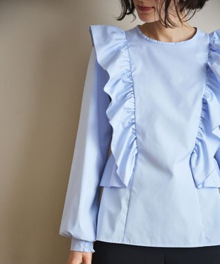 #Newans 【洗濯機可能/シワになりにくい】〈小柄さんにお勧め〉バーティカルフリルブラウス ライトブルー