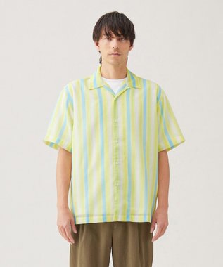 UNFILO MENS シアーメッシュプリント オープンカラーシャツ【ギフトにもおすすめ】 イエローストライプ