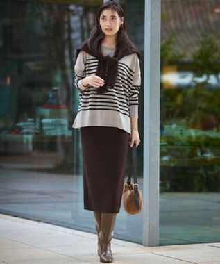 23区 L 【WEB限定カラーあり/洗える】ウーステッドウール ワイドシルエット ニット [WEB限定]ベージュ×ブラック