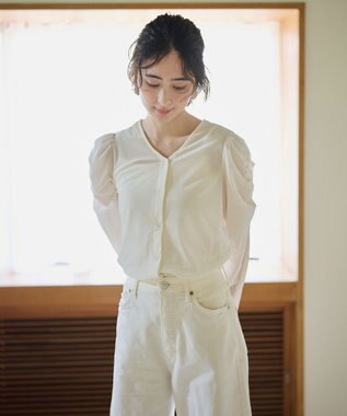 #Newans 【洗濯機可／ 前後着用可】 ギャザースリーブシアーベロアカーディガン ホワイト