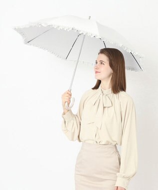MOONBAT ランバン オン ブルー 晴雨兼用日傘 長傘 ビジュー付きオーガンジーフリル 遮光 遮熱 UV オフホワイト